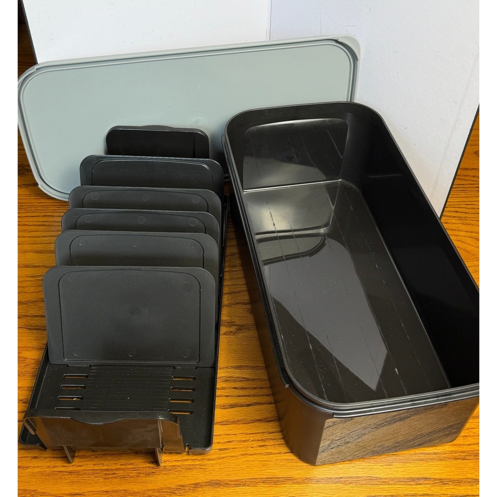 Tupperware Memory Mates: Black Rectangular Container, Gray Lid, Divider Rack